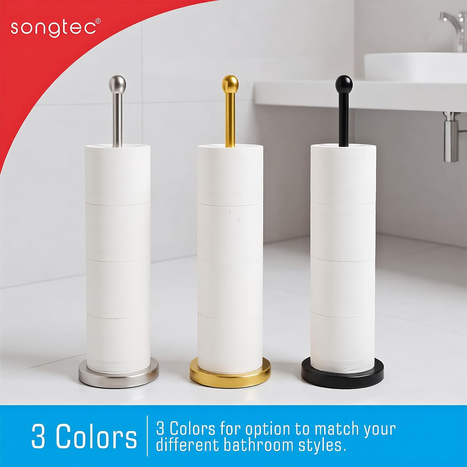 Songtec Gold Toilet Paper Holder Stand with Reserve, Floor Standing Tisse Roll Holder for 4 Rolls, Compact Design Bathroom Toilet Paper Storage - Gold - Image 7