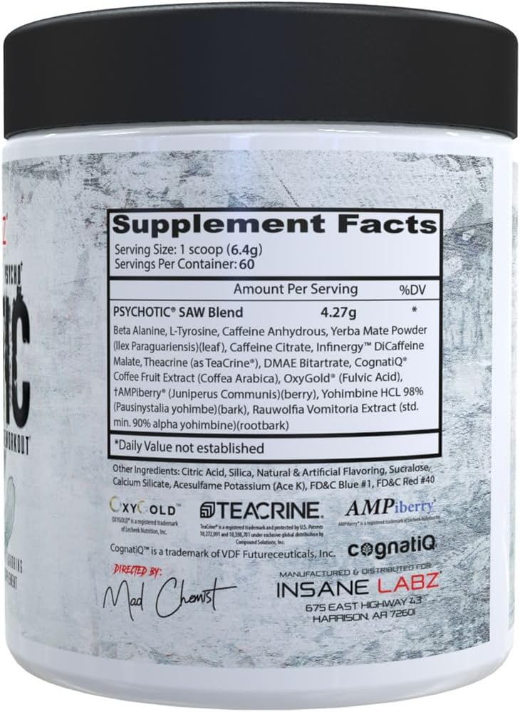 Insane Labz Psychotic Saw, High Stim Pre Workout Powder with OxyGold­™ and AMPiberry®,Extreme Lasting Energy with Teacrine®,Focus with CognitIQ® and Endurance (60 Servings, Grape)