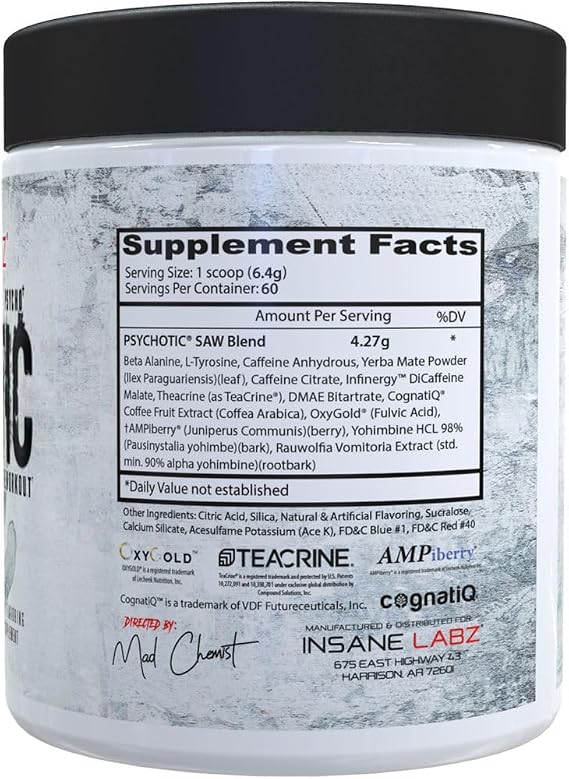 Insane Labz Psychotic Saw, High Stim Pre Workout Powder with OxyGoldTM and AMPiberry,Extreme Lasting Energy with Teacrine,Focus with CognitIQ and Endurance (60 Servings, Grape)