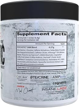 Insane Labz Psychotic Saw, High Stim Pre Workout Powder with OxyGoldTM and AMPiberry,Extreme Lasting Energy with Teacrine,Focus with CognitIQ and Endurance (60 Servings, Grape)