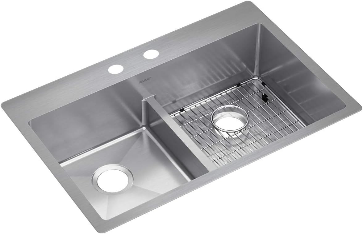 Elkay Crosstown ECTSRA33229TBG2 Equal Double Bowl Dual Mount Stainless Steel Kitchen Sink Kit with Aqua Divide