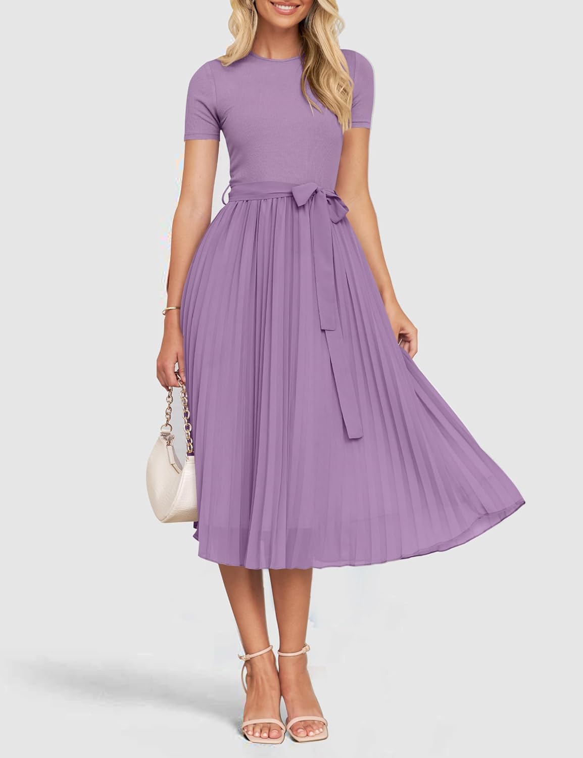 ZESICA Womens 2026 Summer Short Sleeve Midi Dresses Casual Crew Neck Knit Belted Pleated A Line Flowy Wedding Guest Dress