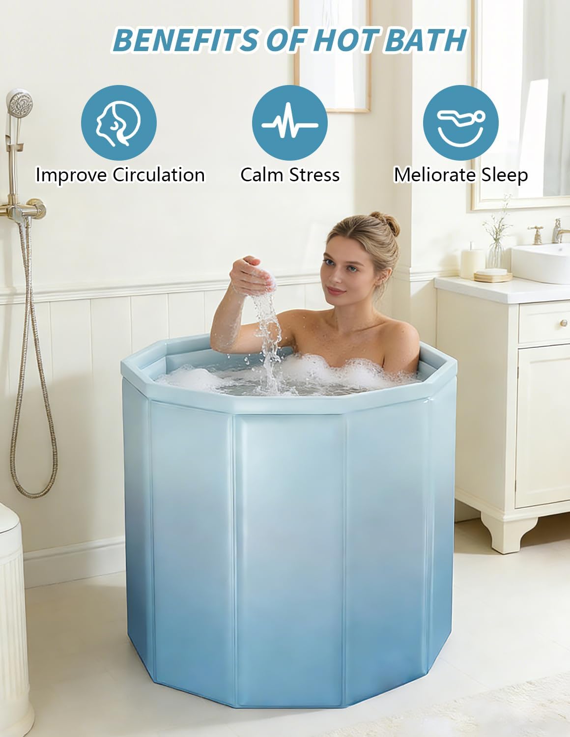 Portable Bathtub for Adults, Collapsible Freestanding Bathtub for Shower, Hot Ice Bath Tubs with Thickened Thermal Foam to Keep Temperature, PVC Outdoor Soaking Tub (Gradient Blue)