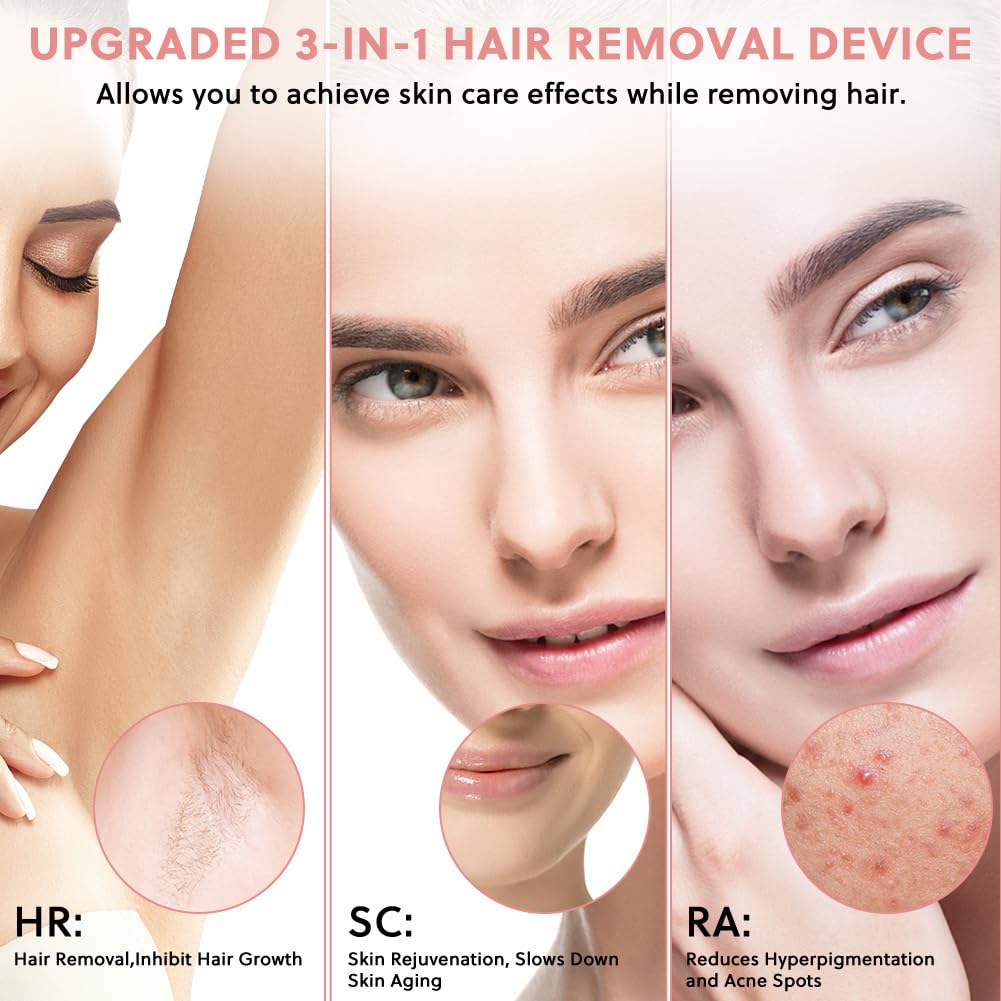 AOOWU Épilateur à Lumière Pulsée, HR/SC/RA 3-en-1 IPL Épilateur Laser avec 9 Niveaux D'Énergie, 999,999 Flashes IPL Épilateur Electrique avec 2 Modes pour Femme et Homme, Visage, Corps