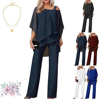 RJDJ Elegant Layered Chiffon Top & Wide-Leg Pants Set, Women Casual Chiffon Pant Suit with Irregular Tops Flowy Two-Piece Set