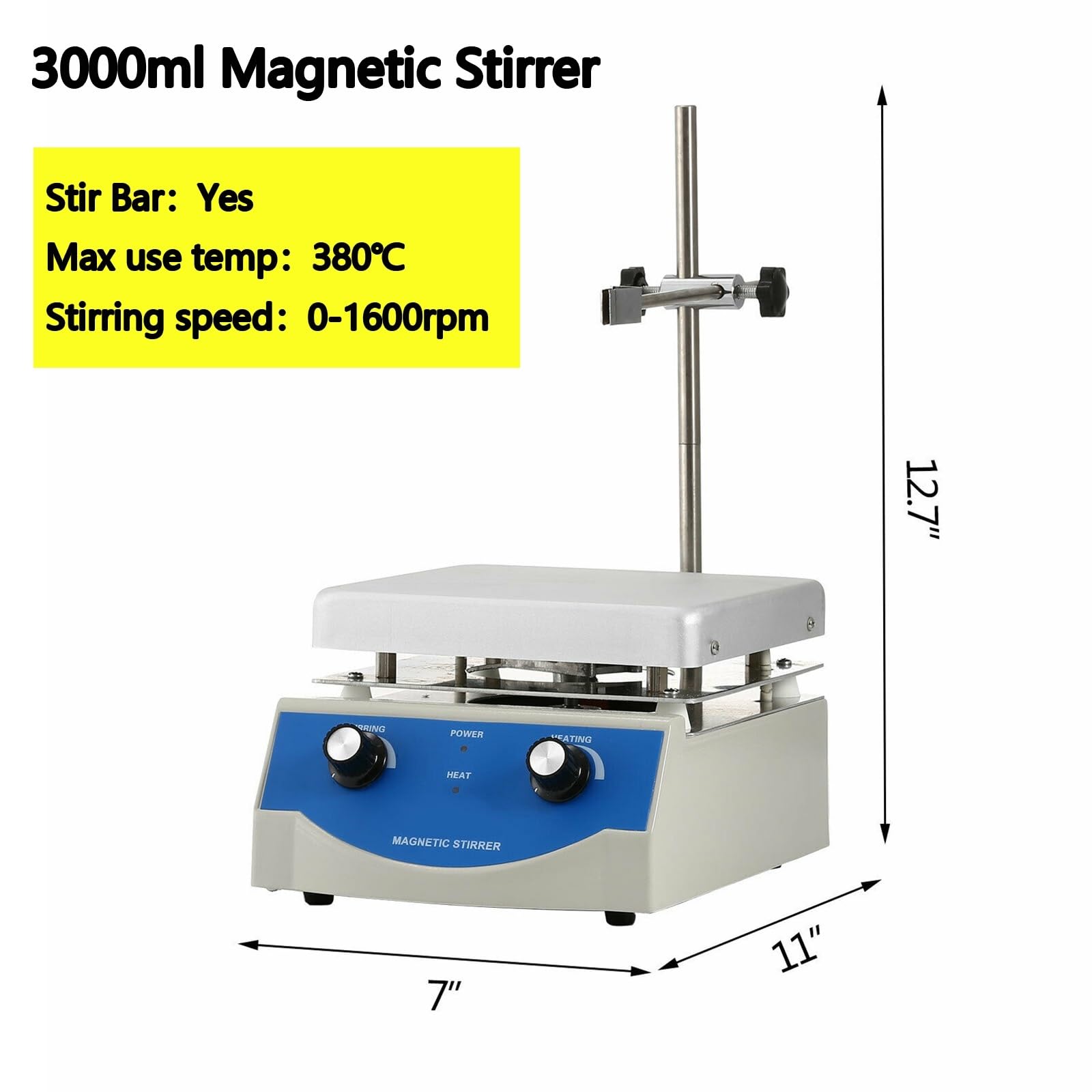 Agitador magnético eléctrico, mezclador de placa caliente con barra agitadora, laboratorio químico biológico médico,Operación flexible(3000ml 0-1600 rpm)