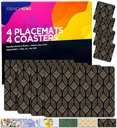 French KOKO 8 pc Rectangular Heat Resistant Cork Placemats and Coasters Dining Table Setting of 4 Hard Place Mats Cork Backed Placemat Cute Pretty Elegant Decor Black Modern Minimalist - Wipe Clean
