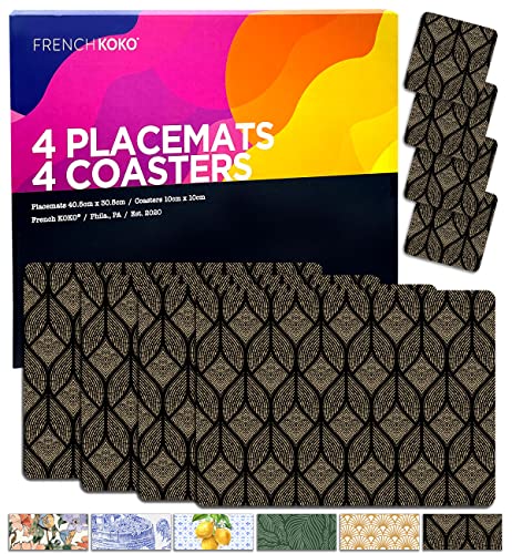 French Koko 8 Pc Rectangular Heat Resistant Cork Placemats And Coasters Dining Table Setting Of 4 Hard Place Mats Cork Backed Placemat Cute Pretty Elegant Decor Black Modern Minimalist - Wipe Clean #TOP23