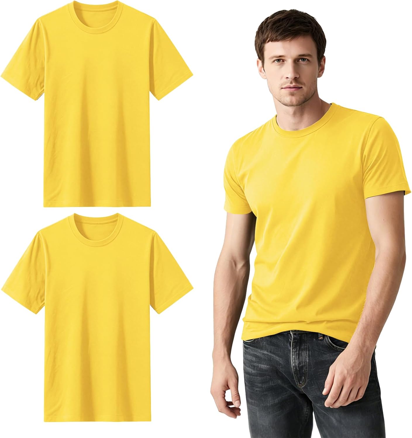 ORJ 2 Pack Yellow t Shirts Crew Neck Short Sleeve Men's Undershirt Plain Polyester tee Bulk Stretch Soft Tees