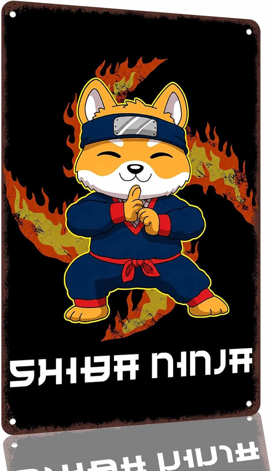 Shiba Inu Ninja Parody Illustration 8 x 12 Inch Aluminum Wall Decor
