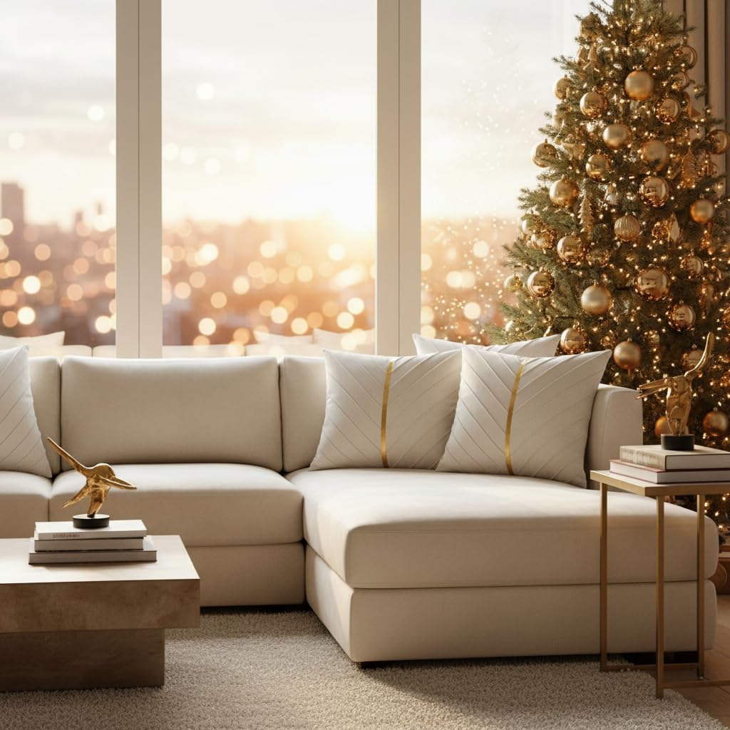 Tosleo Beige Velvet Throw Pillow Covers 18 x 18 inch Pack of 2 with Gold Leather Christmas Decorative Couch Pillow Cover Luxury Modern Pillowcases Spring Home Decor for Sofa Bed Living Room - Image 8