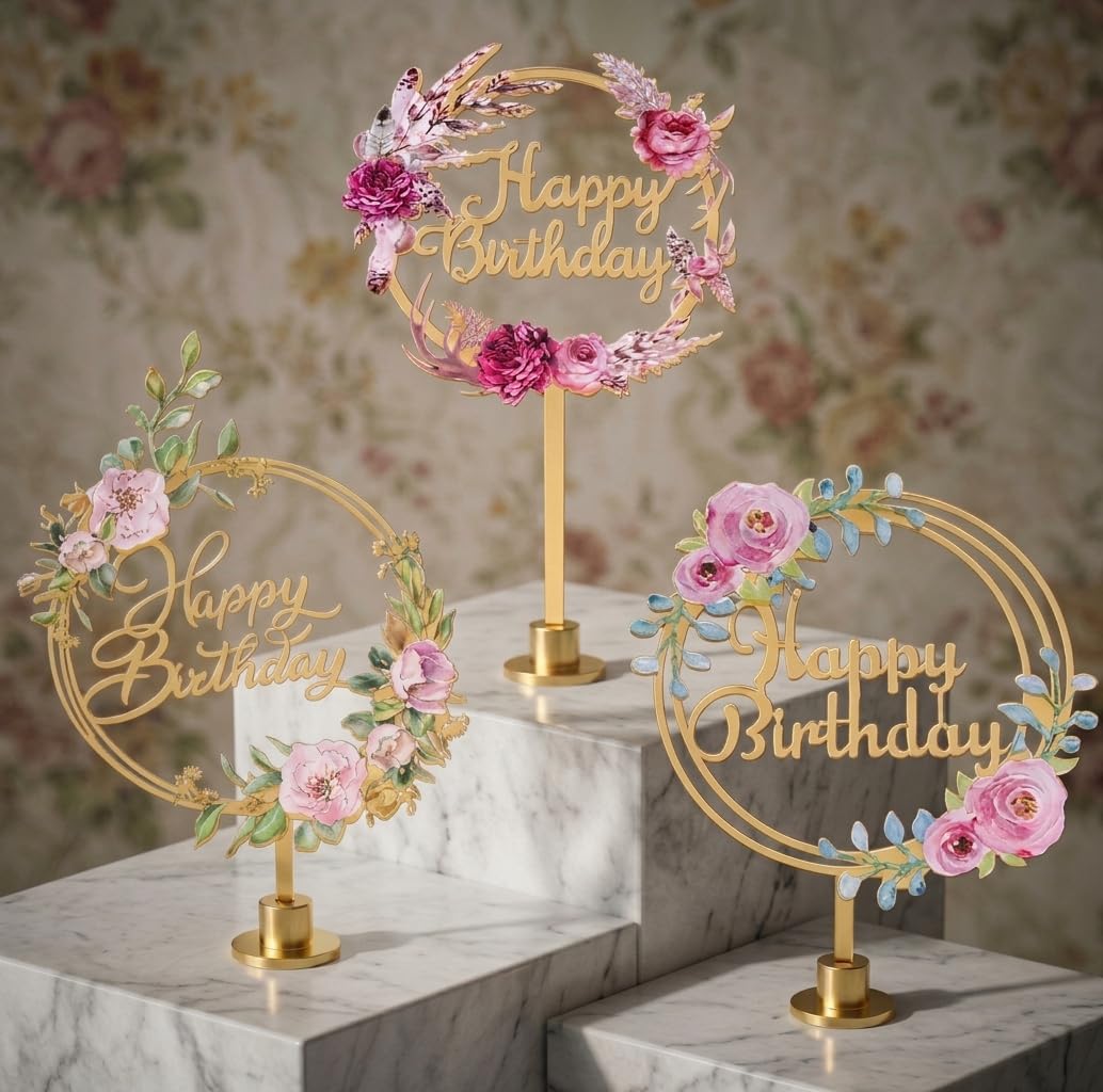 3 Pack Flower Cake Toppers Acrylic Rose Cake Decorations for Wedding Birthday Party Shower Cake Decor Supplies Dessert Table Decoration Photo Props (Round)