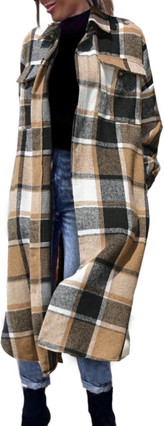 FindThy Women’s Long Plaid Shacket Wool Blend Button Down Shirt Jacket Coat with Pockets