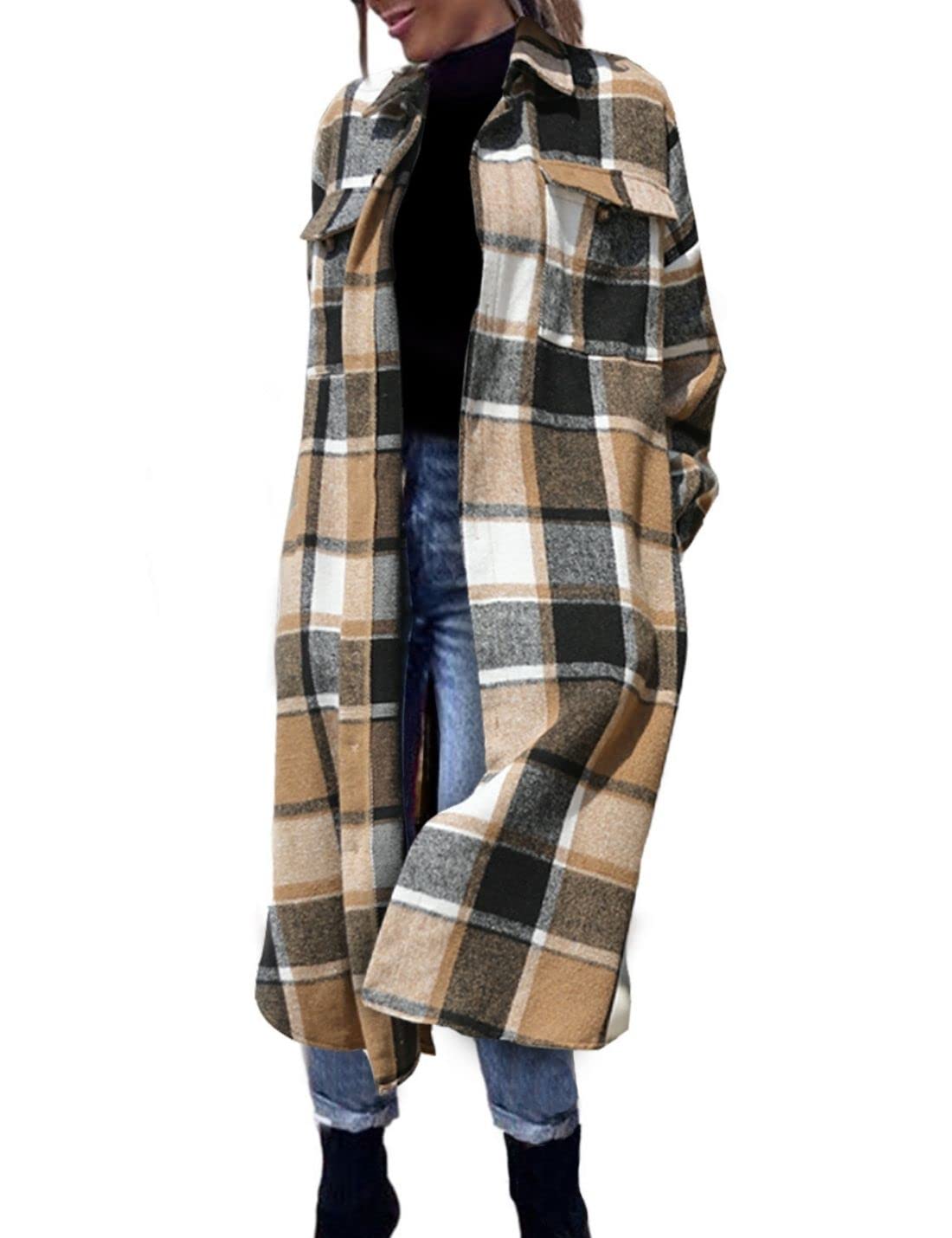 FindThyWomen’s Long Plaid Shacket Wool Blend Button Down Shirt Jacket Coat with Pockets