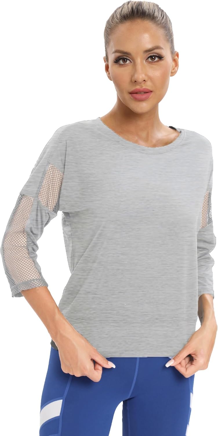 Workout Shirts for Women,Womens Mesh Athletic Shirt Yoga Gym Tops Sportwear 3/4 Sleeve Workout Tops for Women