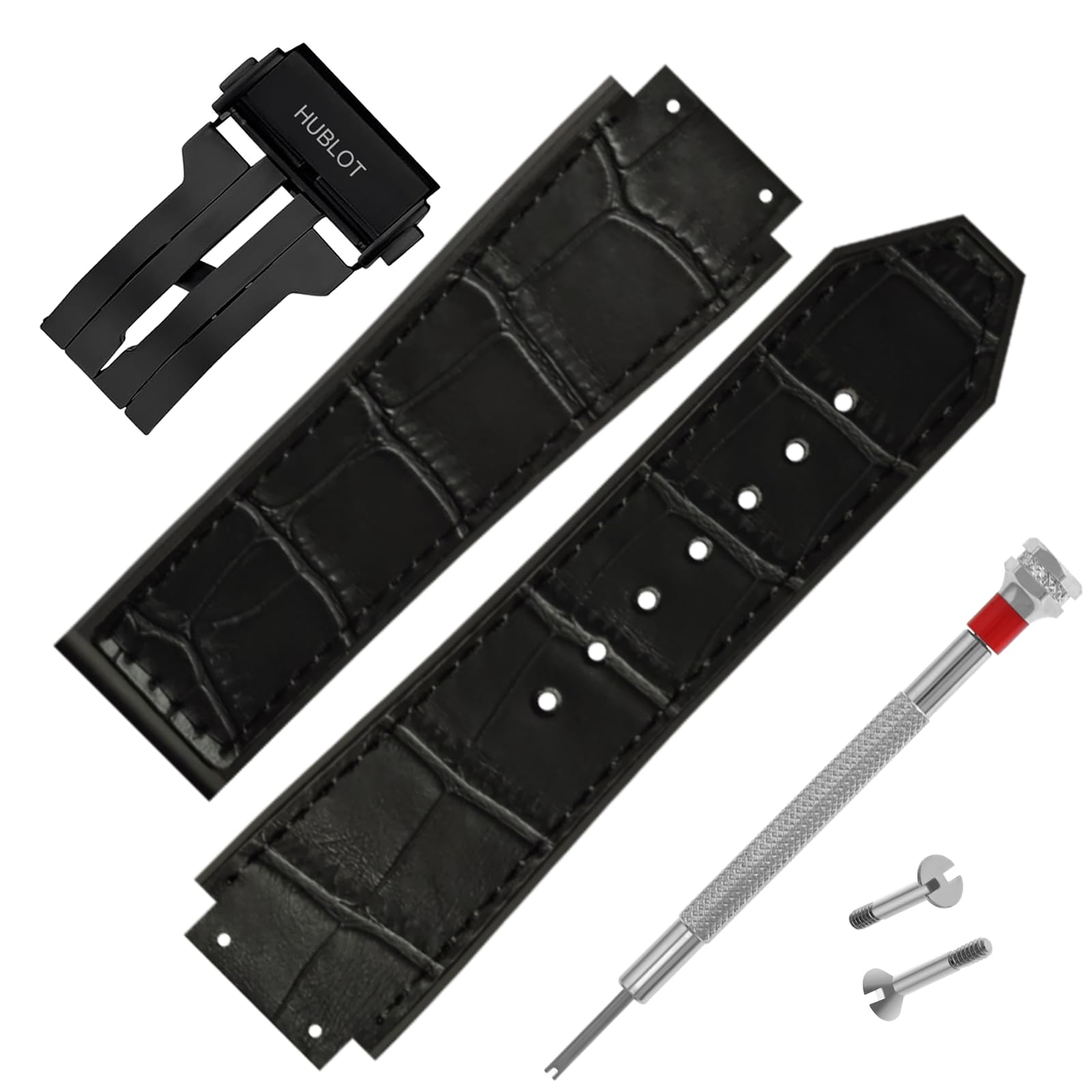 DBLACK{HLS-OPN3 25MM Leather Watch Strap // Compatible With HUBLOT Watches Only - With Buckle & Tools (Black Croco), Black Croco, 25mm, strap
