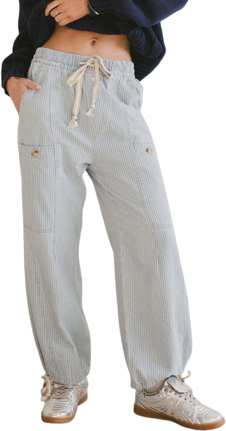 yoeasy Women Striped Wide Leg Jeans Elastic Drawstring Waist Boyfriend Casual Loose Baggy Denim Pants with Pockets