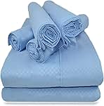 Victoria Valenti Embossed Sheet Set with 4 Pillow Cases, Double Brushed and Ultra Soft with Deep Pockets for Extra Deep Mattress, Microfiber, Queen Blue