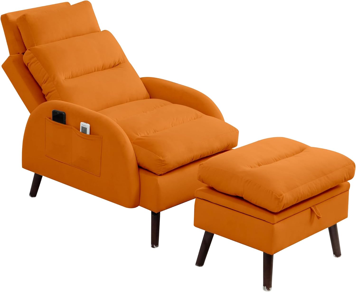 Accent Chair with Ottoman, Velvet Reclining Armchair with Adjustable Backrest, Comfy Loung Chair with Side Pocket for Living Room Bedroom Reading Room, Orange