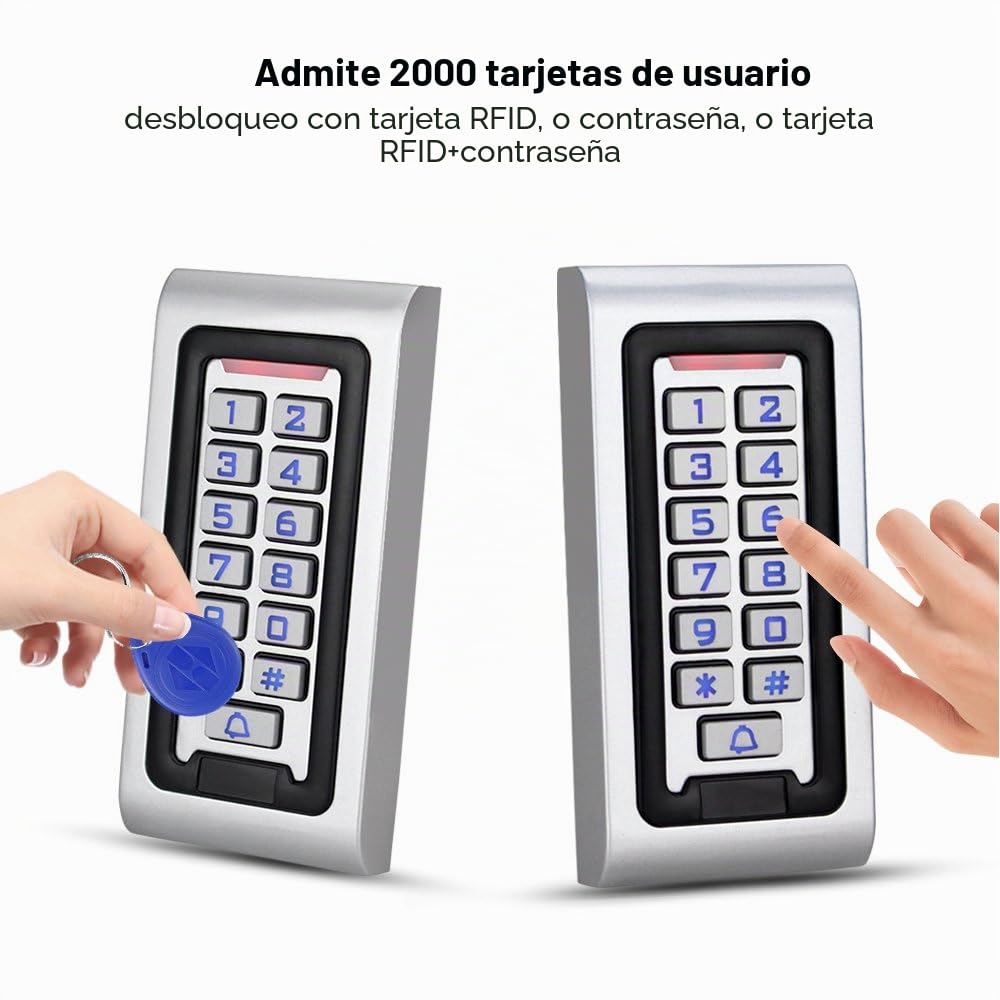 Lector de tarjetas de metal con control de acceso RFID impermeable IP68 + 10 llaveros de proximidad de 125 KHz WG26 2000 usuarios para el hogar y la oficina