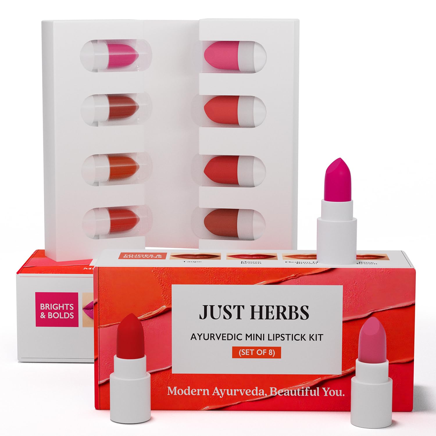 Just Herbs Ayurvedic Lipstick Micro-mini Kit | Kit of 8 Matte Lipsticks | Long-lasting | Weightless | Ayurvedic Formula | Travel-friendly - 9.6g