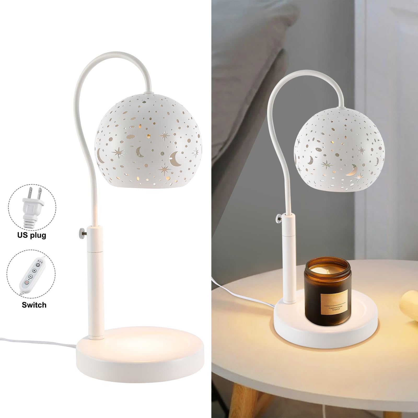 DYNAMI White Candle Warmer Lamp with Timer,Dimming Electric Candle Lamp with Spherical Starry Sky Design Lampshade,Adjustable Height Electric Top Candle Melter,Fit Candles 5.3-7.5in H