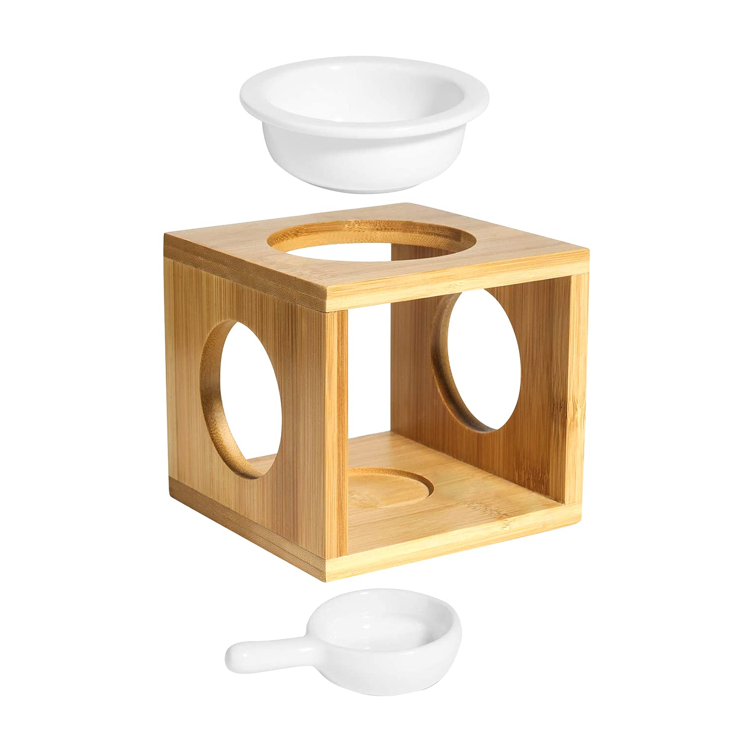 Bamboo Essential Oil Burner, Ceramic Scented Wax Melt Burner with Tealight Candle Holder, Aroma Inflamer, Oil Burner for Essential Oils, Yoga Spa Home Bedroom Office Wedding Birthday Decor Gift