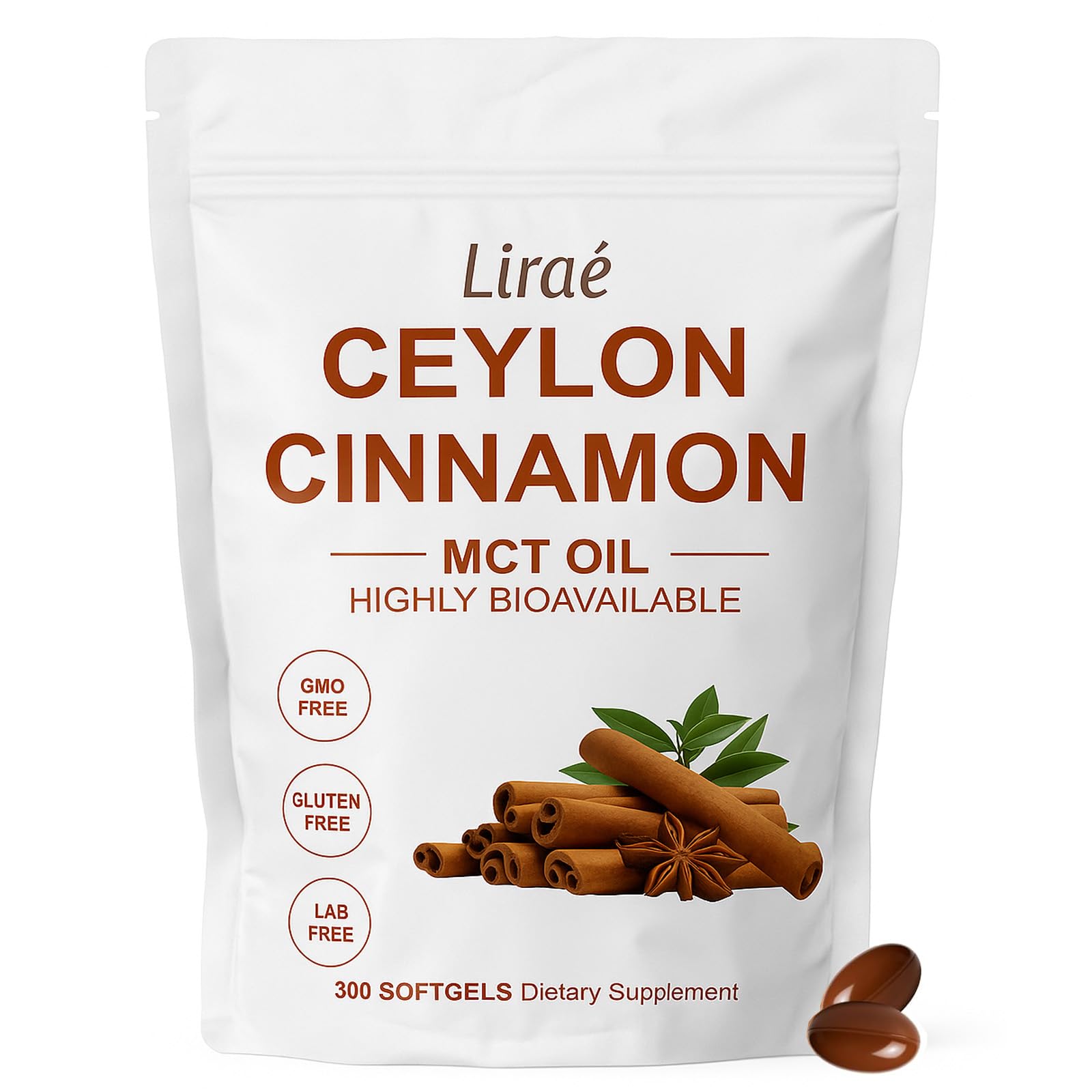 Lirae Ceylon Cinnamon Capsules, Highly Bioavailable Herbal Extract, Extra Strength Cinnamon Supplements, Non-GMO, Gluten Free, 300 Capsules