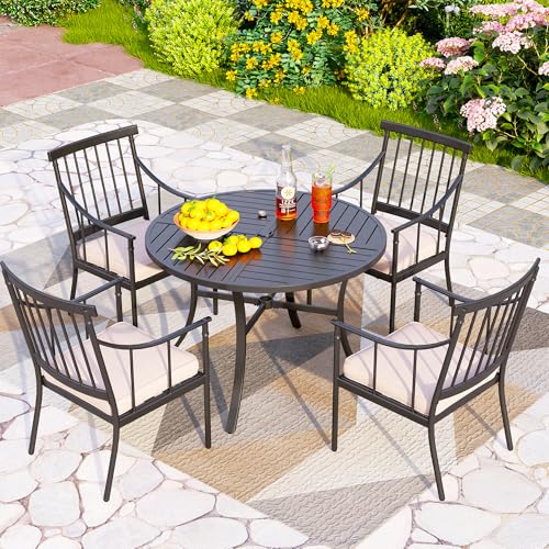 PHI VILLA Outdoor Round Dining Table for 4, 42" Large Metal Wrought Iron Table with Umbrella Hole, All Weather Dining Furniture for Patio, Deck, Yard, Porch - Black - Image 3