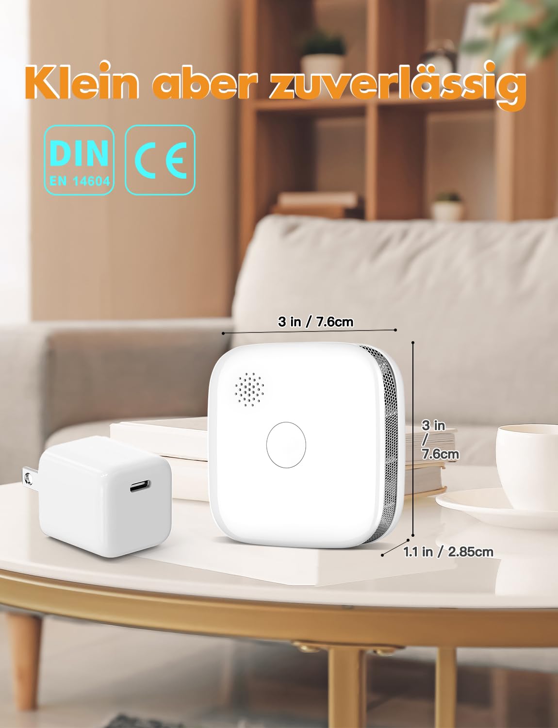 Rauchmelder 10 Jahre Batterie für Zuhause,Mini Rauchmelder Batterie Austauschbar,Feuermelder mit Fotoelektrischem Sensor,Test-/Stummschalttaste,Entsprechend EN14604,Standalone,Weiß Matter