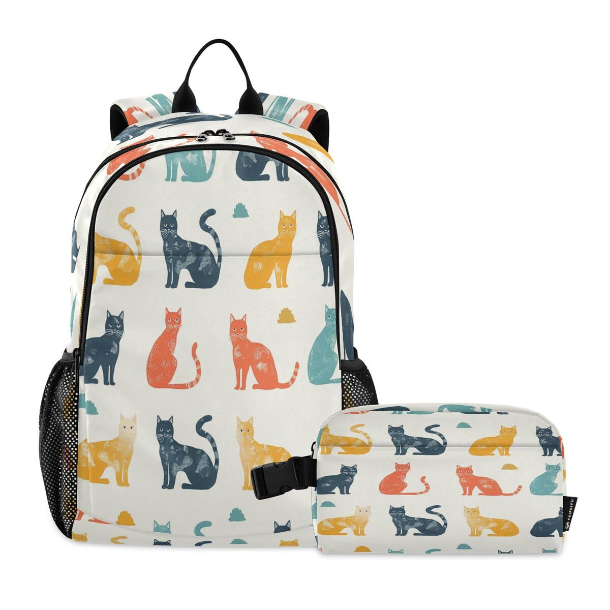 Sac à dos motif chat bleu orange et sac à déjeuner pour enfant