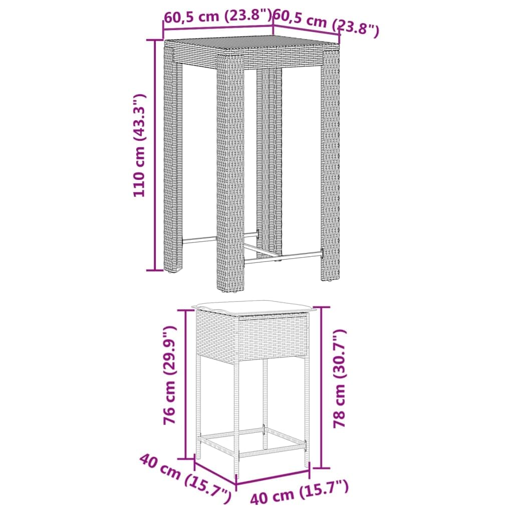 vidaXL Juego de Bar de jardín de 3 Piezas con Cojines ratán PE Gris, Mesa Alta y taburetes de Exterior, Juego de Bar, Juego de Muebles