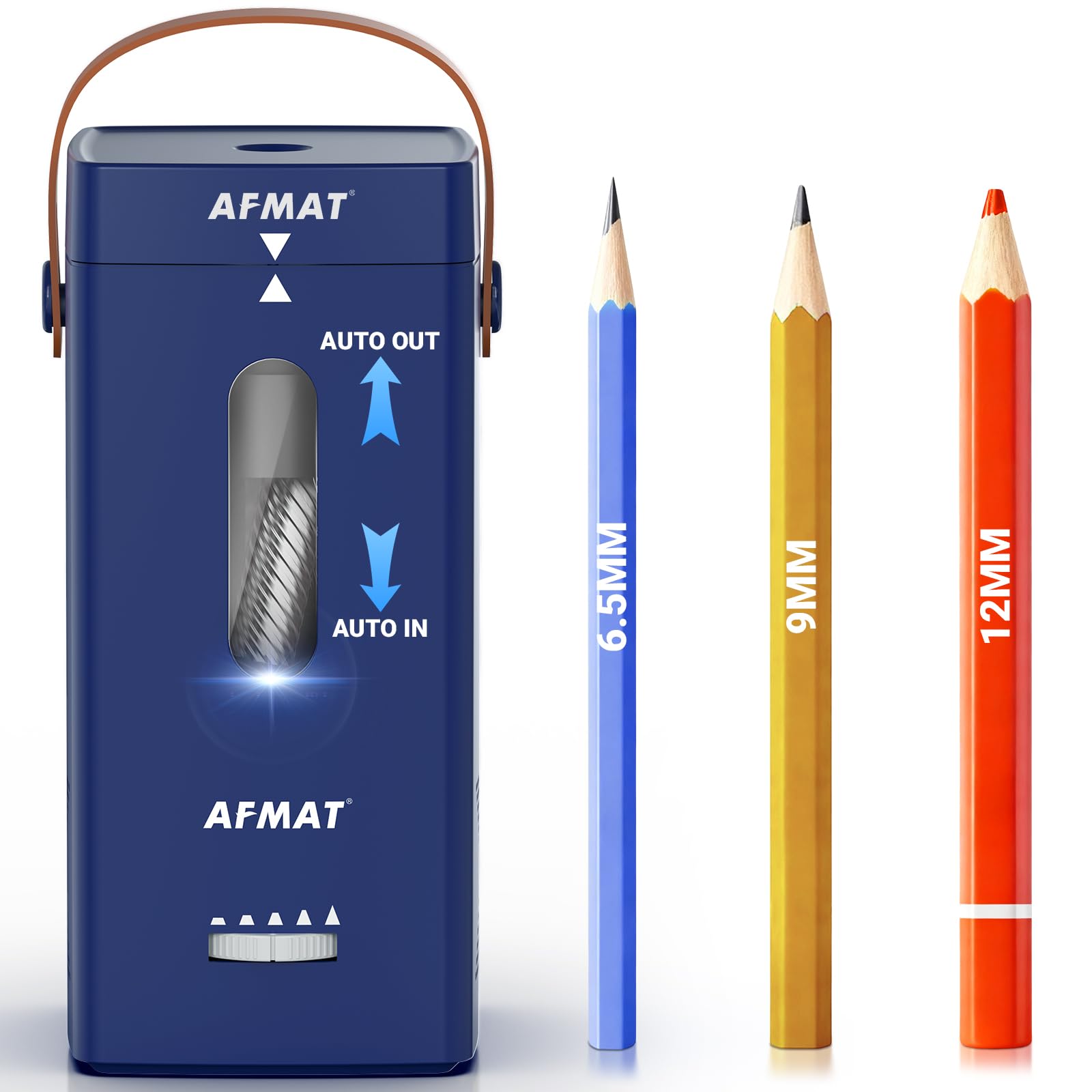AFMAT Sacapuntas eléctrico, sacapuntas totalmente automático, entrada y salida automática, sacapuntas recargable para lápices Jumbo y lápices de colores (6,5 – 12 mm), portátil para hogar/aula/oficina
