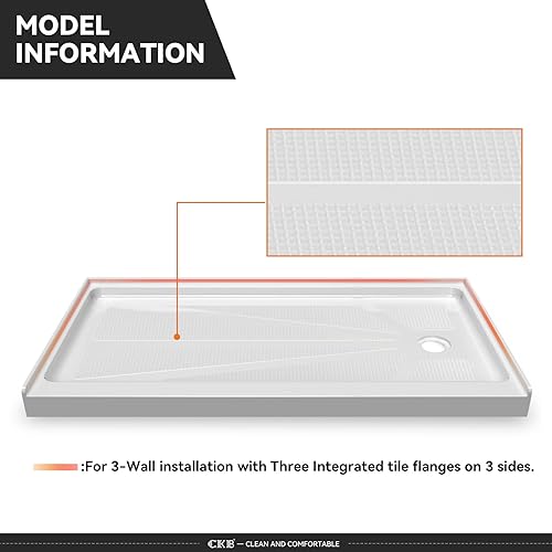Miniatura 3 de CKB Base de ducha de umbral único de 60 pulgadas de largo x 36 pulgadas de ancho, plato de ducha de drenaje derecho con superficie texturizada