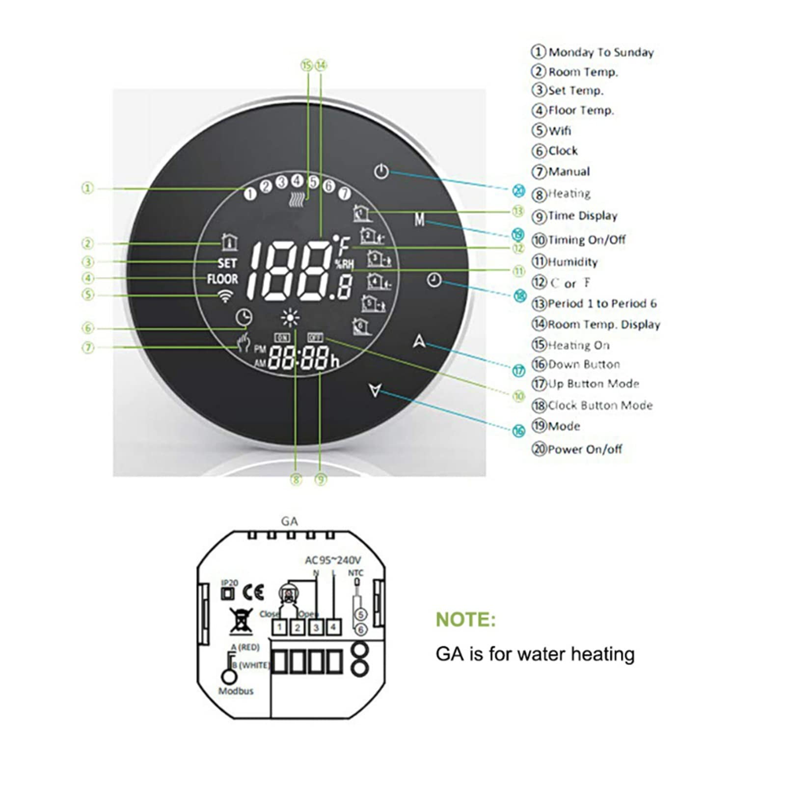 Sensore termometro, Inteligente WI-FI Termostato utilizzato for il termostato della caldaia dell'acqua/del riscaldamento pavimento elettrico in congiunzione(Noir,GA (NO WIFI))