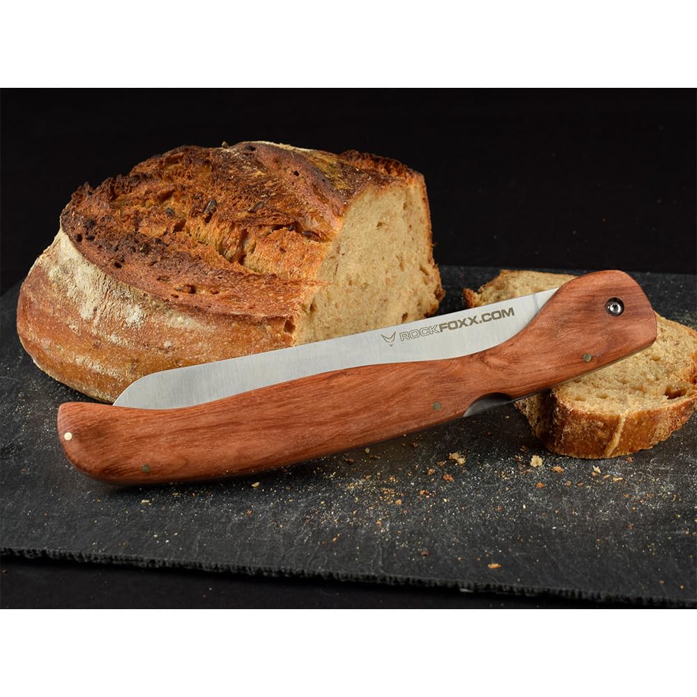 FOXXKNIFE składany nóż do chleba, scyzoryk, duży nóż 18,5 cm, bez grawerowania laserowego, uchwyt z drewna korzeniowego, ostre ząbkowanie, idealny na kemping, offroad, poszukiwacz przygód w przyczepie