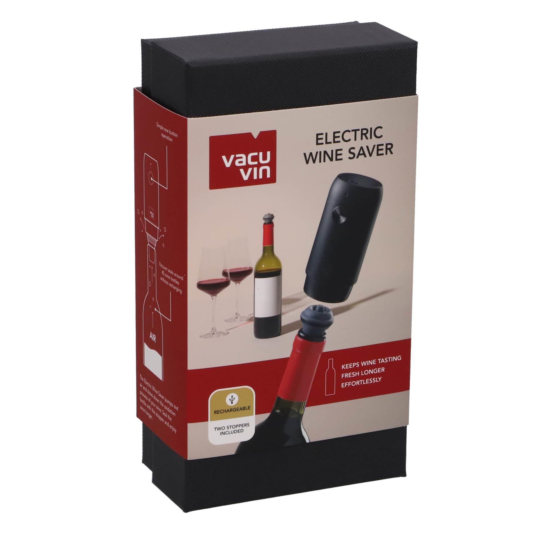 Vacu Vin Elektrischer Weinsaver - mit 2 Stopfen, wiederaufladbarer Vakuumverschluss, ideal zum Konservieren von bis zu 40 Flaschen, perfekt für Zuhause, Küche und jede Gelegenheit, inkl. Geschenkbox