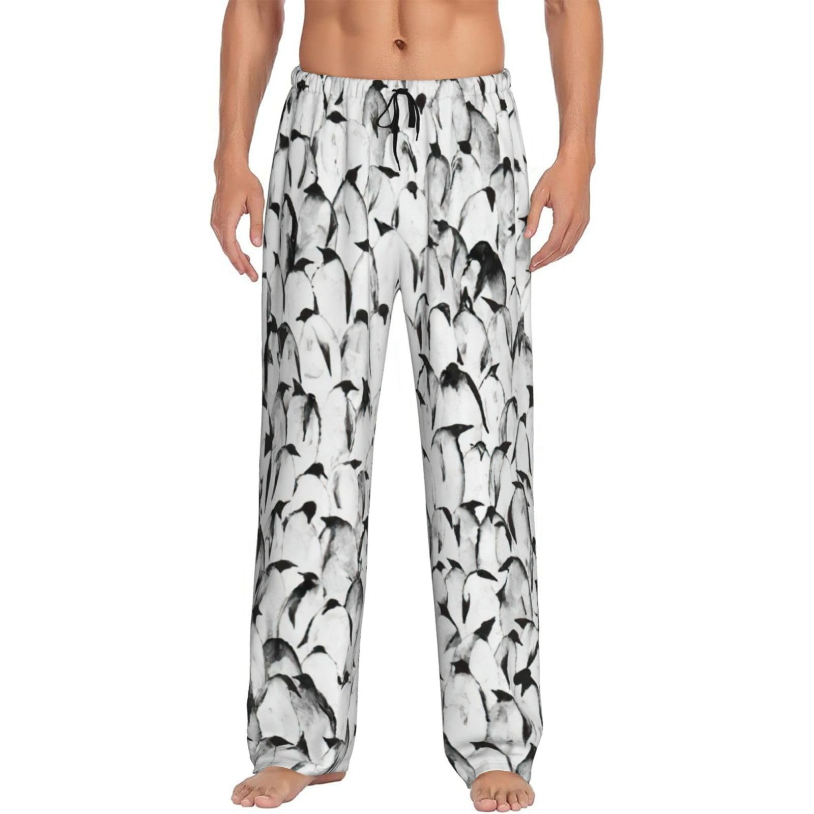 Kapptyy Men's Black Stylish Crowd Of Penguins Pattern Pj Pajama Pants Bottoms Lounge Sleepwear Pjs With Pockets And Drawstring
