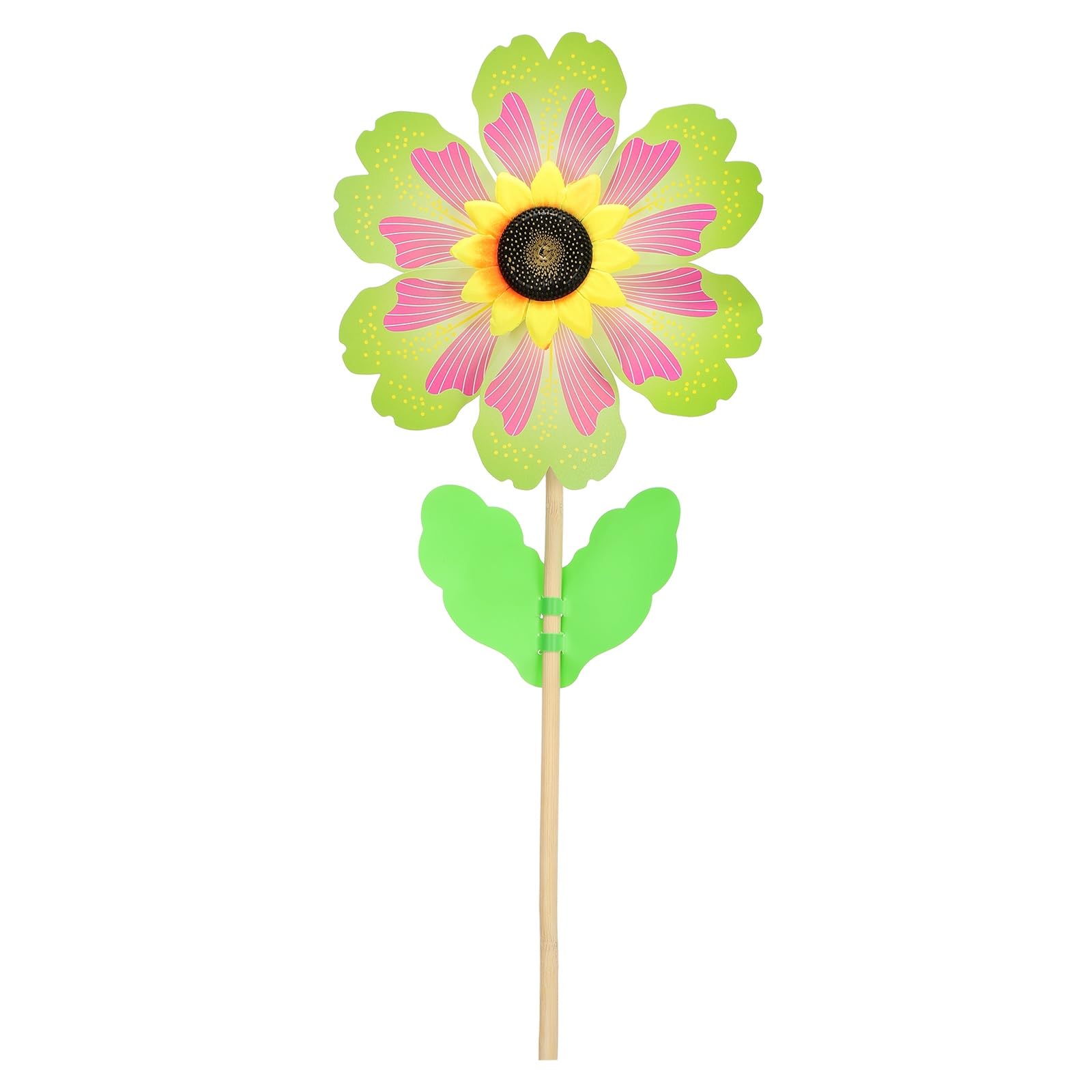 QUARKZMAN Molinillos De Viento 14.2" Petalos Girasol Molinillos De Viento 6 Hojas Molino De Viento De Madera con Palos De Madera De Girasol para Jardin Patio Cesped Decoracion Verde/Rosa