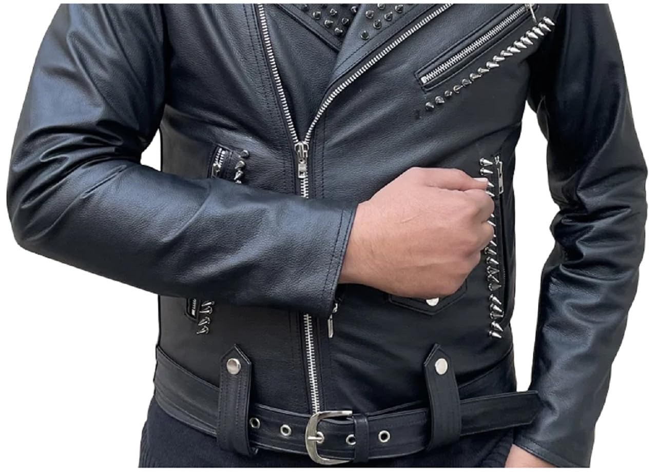 Giacca da motociclista in pelle nera con borchie, da uomo, stile punk rock, gotico