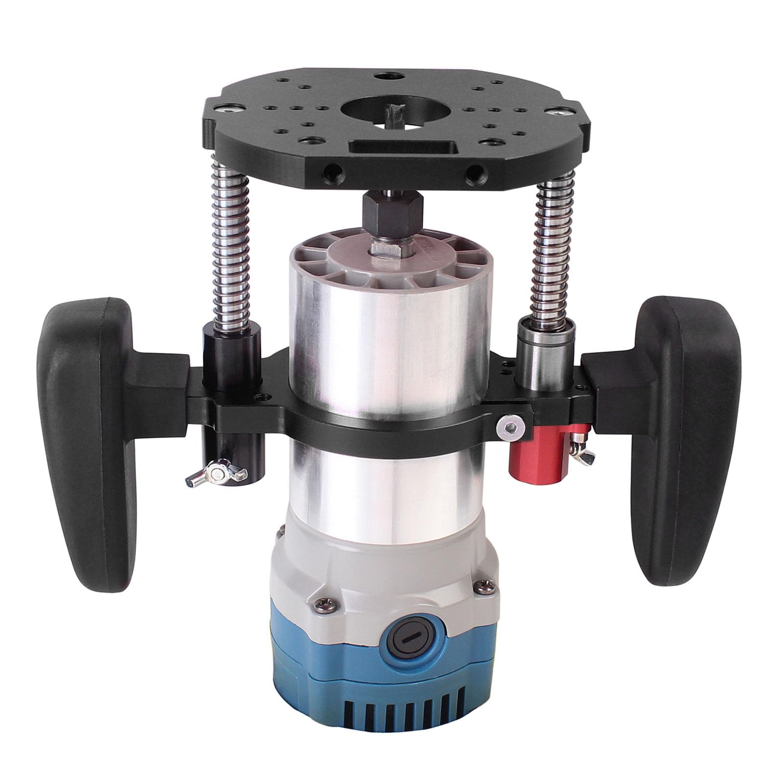 Ejoyous Router Lift System, Router Lift Base regulowany skok stołu frezarskiego ze stopu aluminium uchwyt do frezarki do obróbki drewna, zakres zacisku 63,5-65 mm