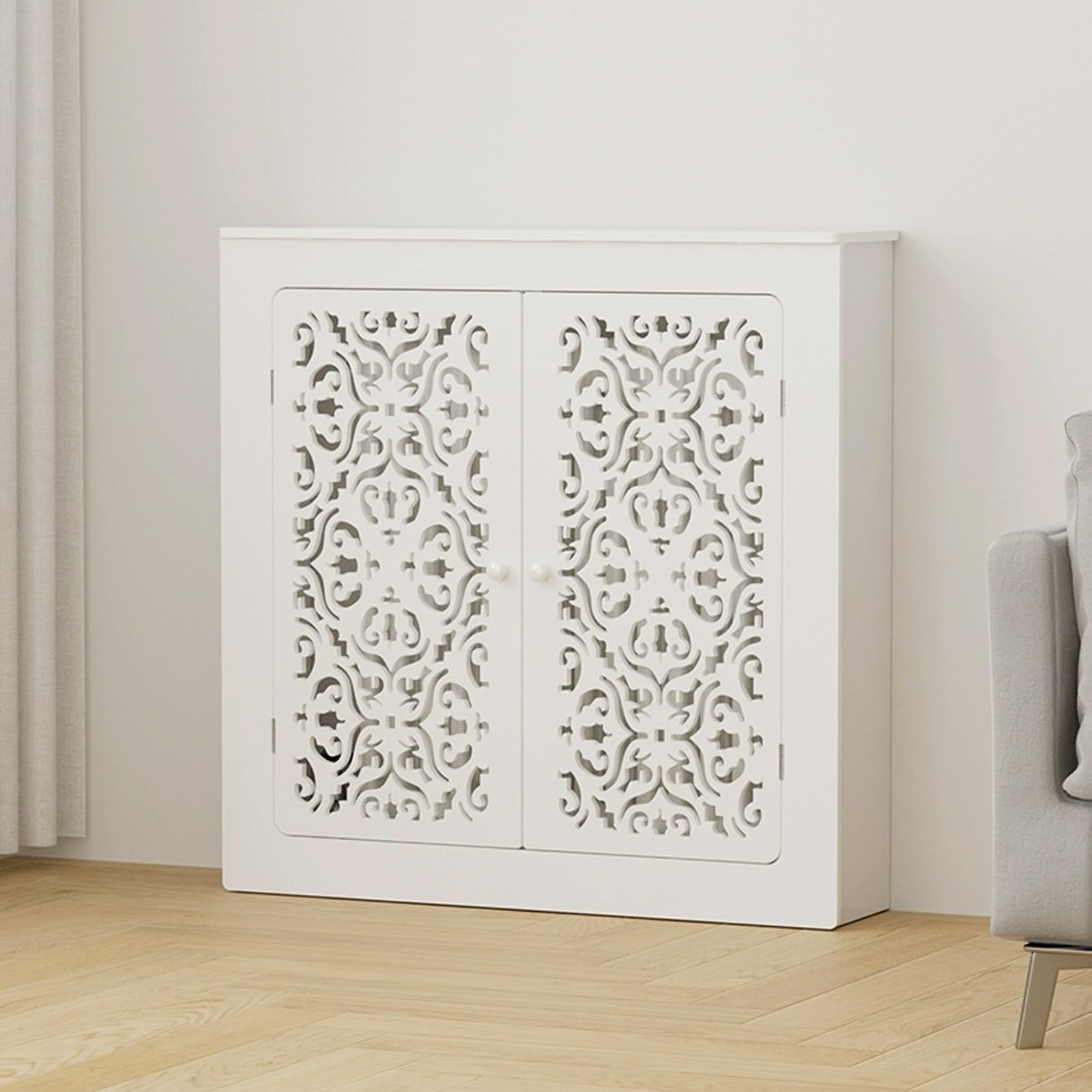 Mueble cubre radiador blanco transpirable que elimina el impacto visual de la calefacción de vapor