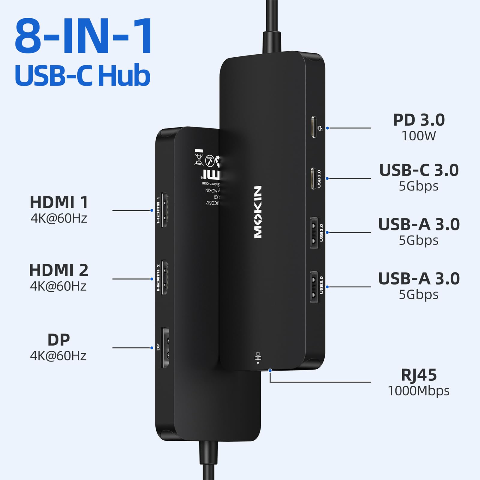 USB C Docking Station Dual Monitor 8 in 1 USB C Hub 2 HDMI, DisplayPort, Gigabit Ethernet, 100W PD Charging, 3 USB A/C 3.0 Ports, Laptop Docking Station for MacBook/Dell/HP/Lenovo/Surface(Schwarz)