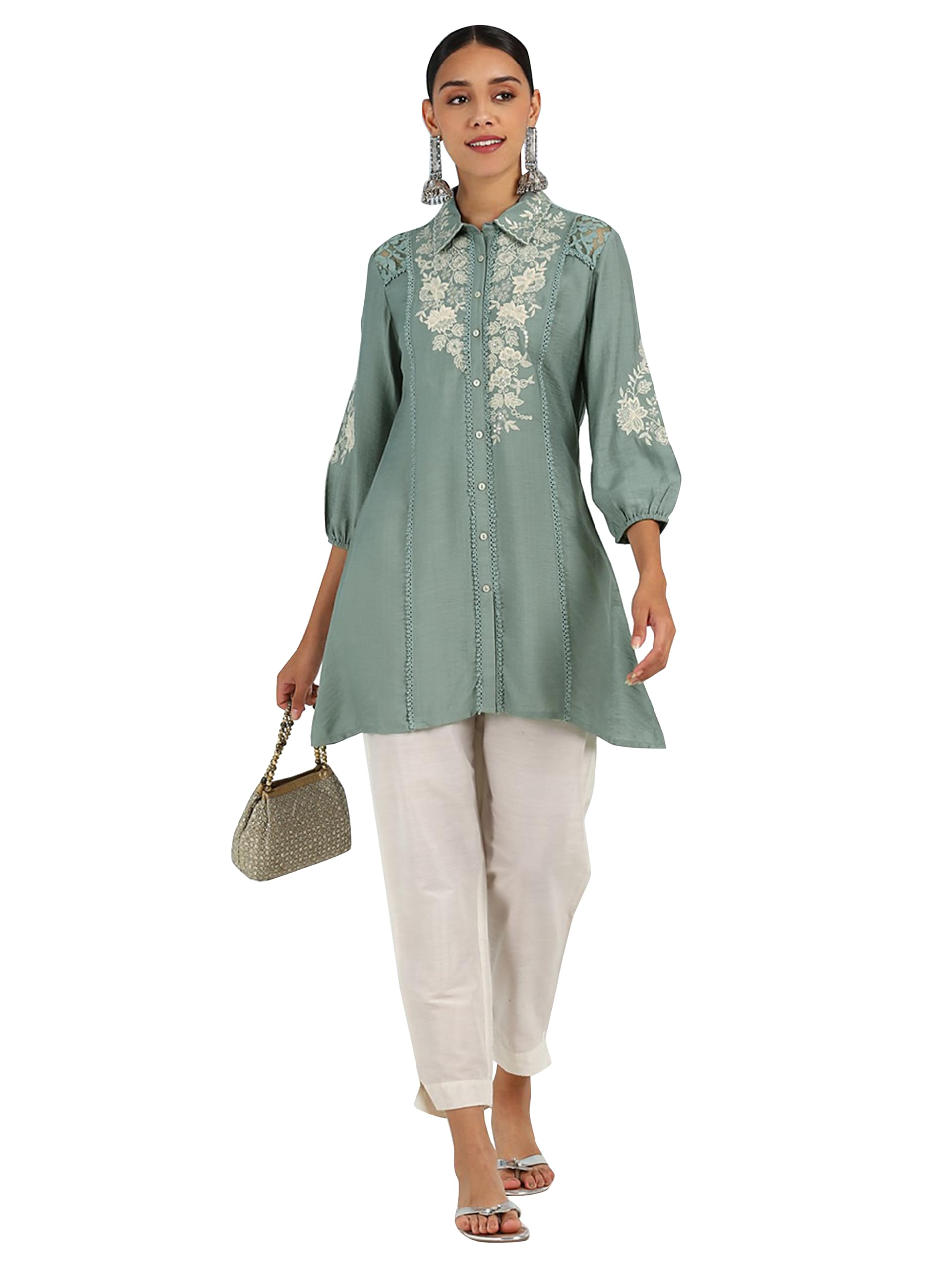TRENDMALLS Women's Art Silk Embroidery Kurta - Puff Sleeve A line Short Kurti Style Tunic for Women
