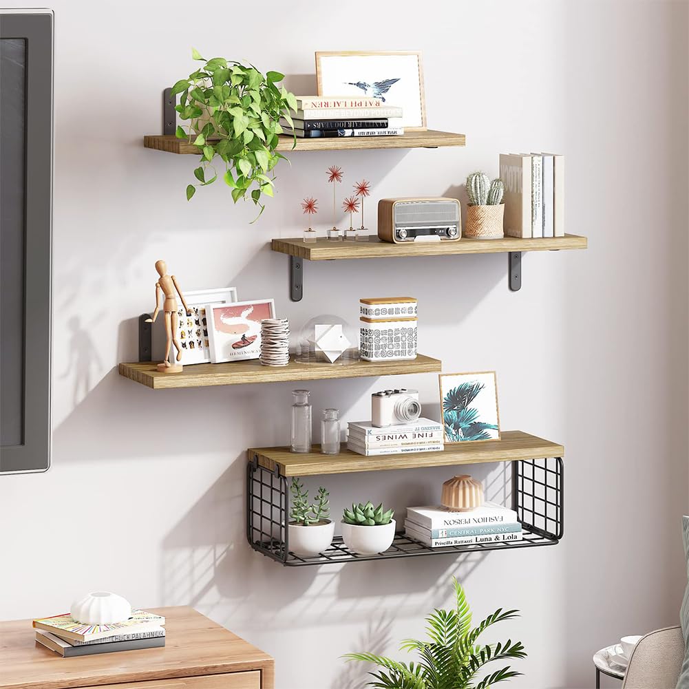 BAKAJI Set 4+1 Mensole da Parete in Legno Massiccio, Scaffali a Muro Multiuso, Staffe e Cestino in Metallo, Scaffalatura per Camera da Letto, Soggiorno, Cucina, Bagno, Libreria, Salvaspazio (Quercia)