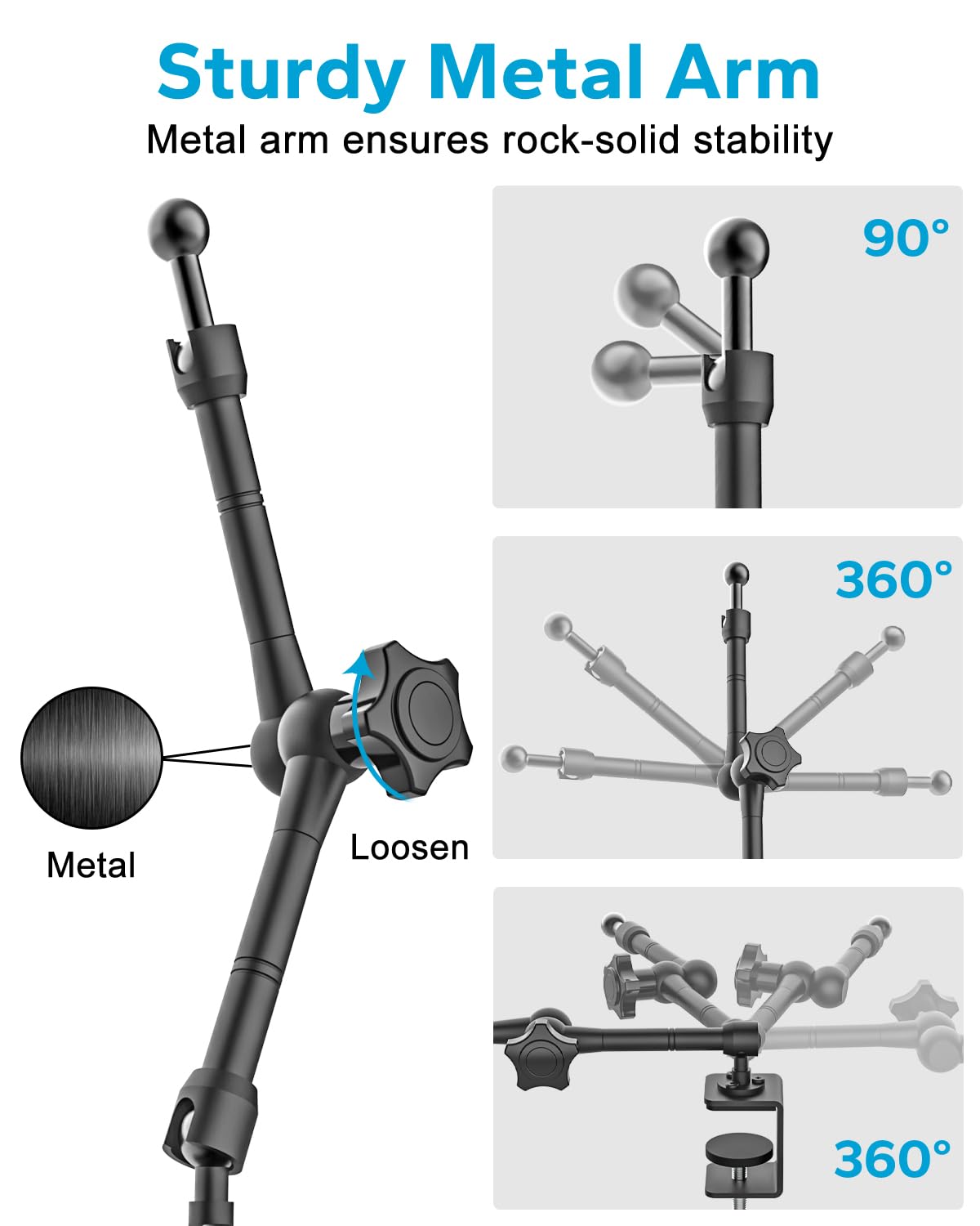 Soporte para tablet de 16 pulgadas, brazo de metal, ajustable 360°, brazo para cocina, escritorio, cama, armario de cocina, iPad Pro Air Mini, Galaxy Tab, e-Reader 4,7-16 pulgadas