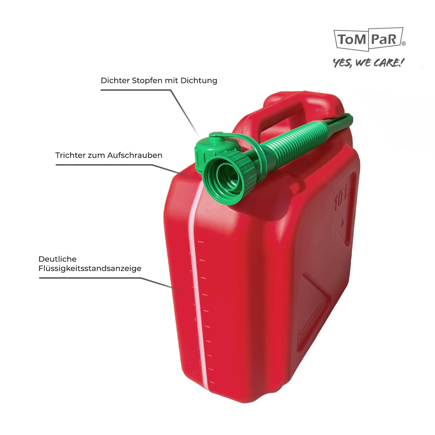 ToM PaR Benzinkanister 10 Liter HDPE | Kraftstoffkanister für Benzin & Diesel | EU-zertifiziert | Füllstandsanzeige | Ausgießer mit Entlüftung | Rot