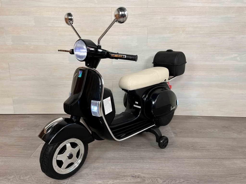 PEKECARS Moto electrica para niños Vespa Clásica Piaggio PX-150 12 voltios. Moto a bateria para niños. Moto Vespa niños. Luces, Asiento Acolchado y maletin Trasero. Color Negro