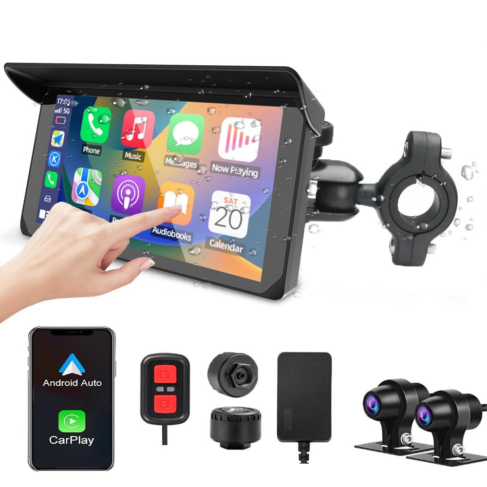 VSYSTO Schermo per moto, CarPlay e Android Auto Senza Fili, 5'' Schermo Carplay Moto con Doppia telecamera 1080P, Impermeabile IP65 Touchscreen con Navigation GPS, Bluetooth, Siri/Assistant, TPMS