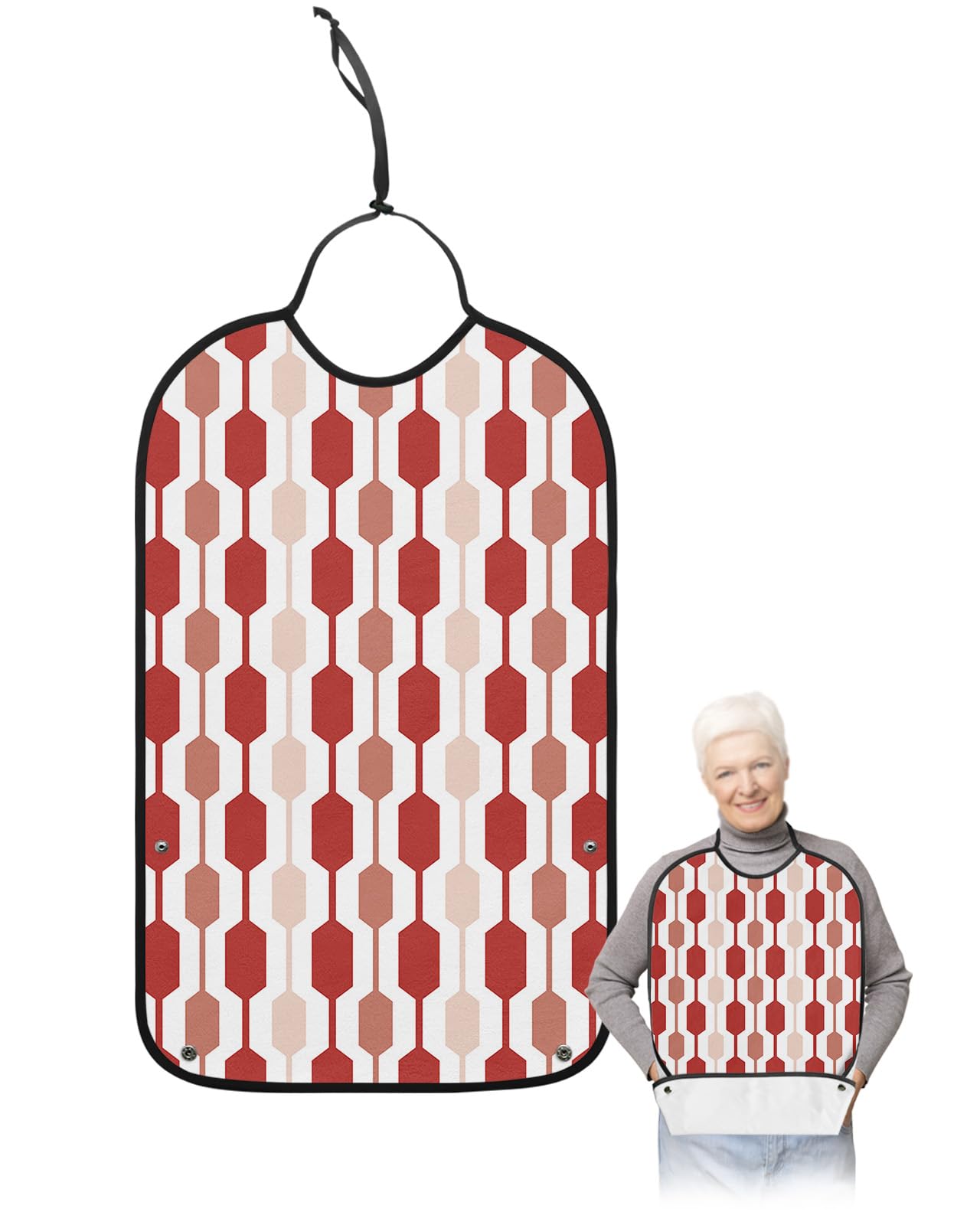 Middle Century Art Abstract Adult Bibs for Eating, Waterproof Bibs with Food Catcher & Adjustable Snap Closure, Red Pink Modern Geometric Washable Clothing Protectors Adult Bibs for Elderly Women/Men